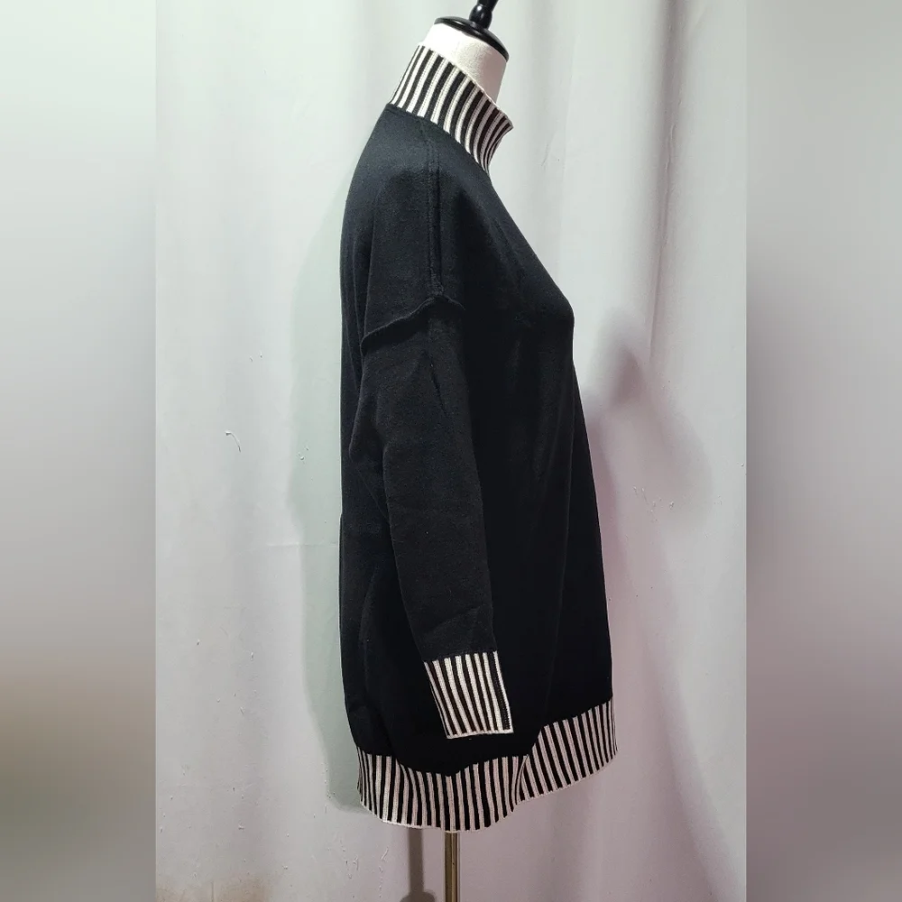 Pullocardi Black Sweater Dress Striped Trim Mock Neck Size M - Picture 6 of 9